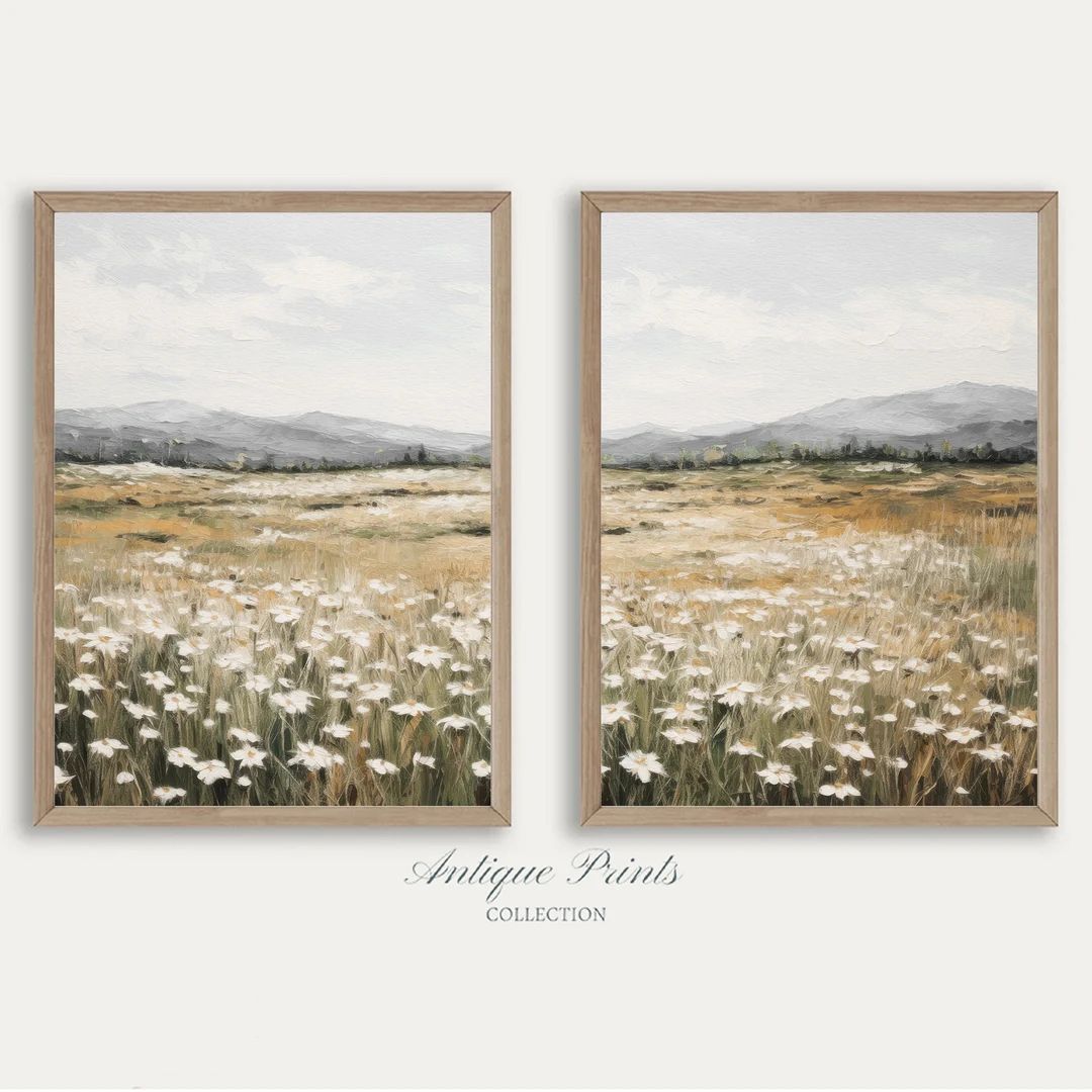 Muted Wildflower Field Set of 2 Prints, Neutral Country 2 Pieces Vintage Wall Art, Landscape Pain... | Etsy (US)