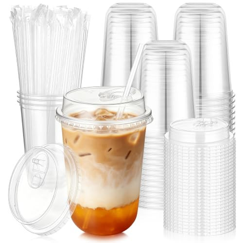 KesaPlan 50Pcs 16oz Disposable Iced Coffee Cups with Sip Lids and Straws | Amazon (US)