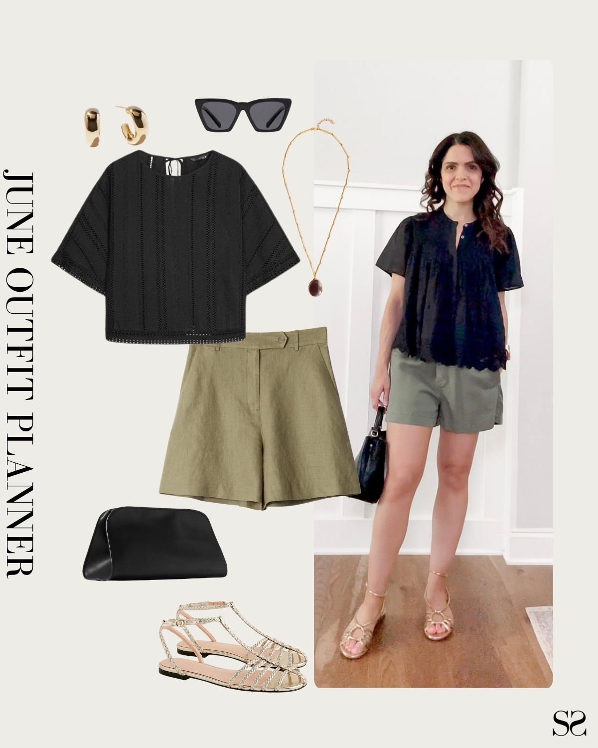 Monthly outfit planner JUNE: what I planned vs how it’s worn: Spring & Summer looks, revisit + rework outfit inspo | olive linen shorts, black top, gold fisherman sandals, clutch

#springoutfit #summeroutfit #casualstyle #datenightoutfit

#LTKStyleTip