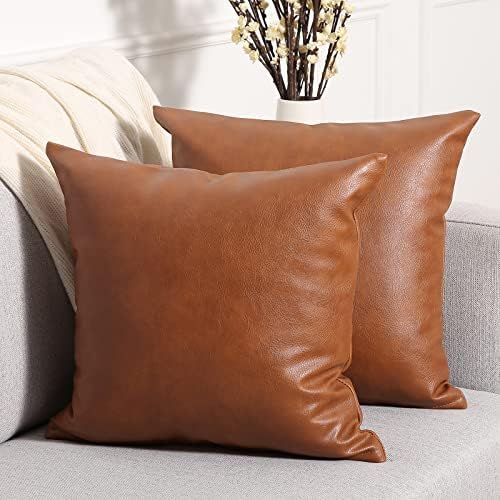 YAERTUN Set of 2 Faux Leather Decorative Throw Pillow Covers Modern Solid Outdoor Cushion Cases Luxu | Amazon (US)