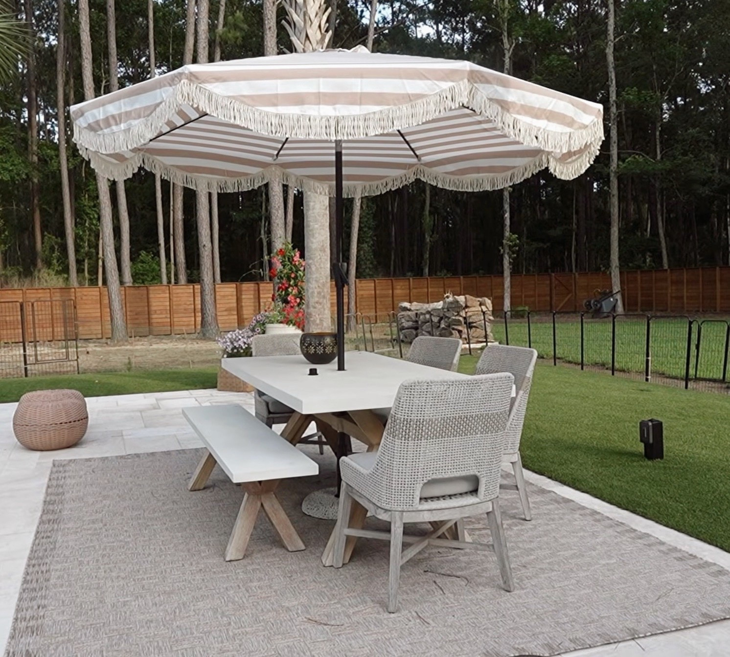 Our exact outdoor table, chairs, umbrella, rug, stand & more! I’ve had the table, bench & chairs for YEARS & highly suggest it👏🏼 has held up amazing & it’s so classic! 

Outdoor / home / wayfair home / Amazon home / Holley Gabrielle / patio / pool

#LTKHome #LTKSeasonal