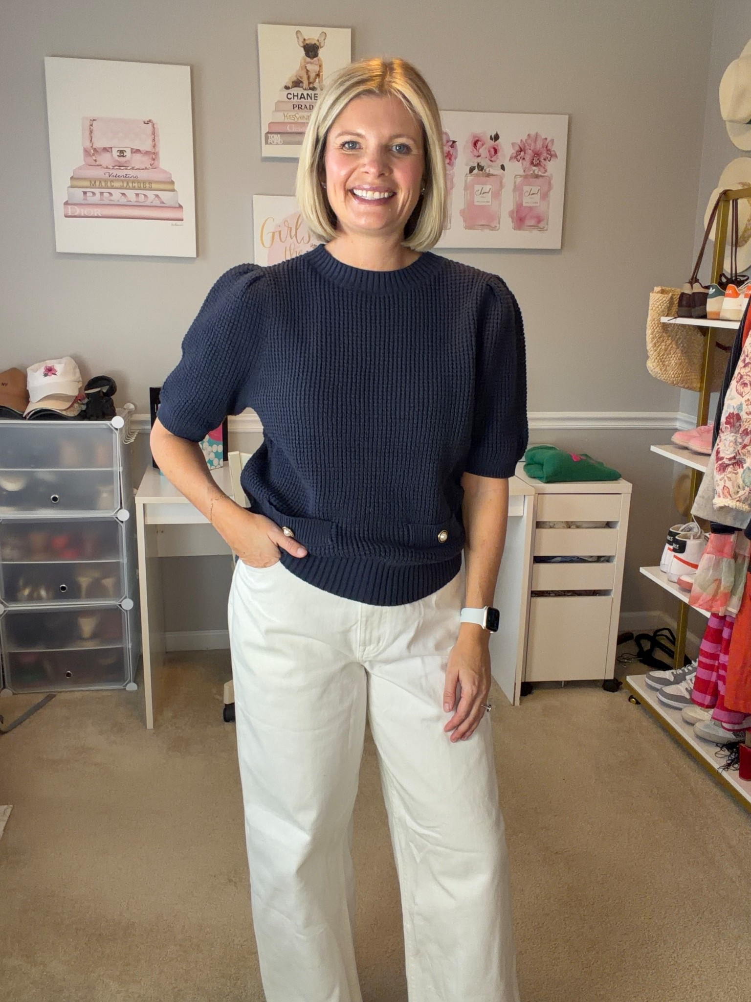 Short sleeve knit sweater TTS (M)
White wide leg adjustable waist jeans TTS (8)

#LTKOver40 #LTKWorkwear #LTKMidsize