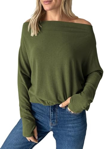 Tankaneo Womens Sexy Off Shoulder Tops Casual Going Out Long Sleeve Shirts Army Green | Amazon (US)