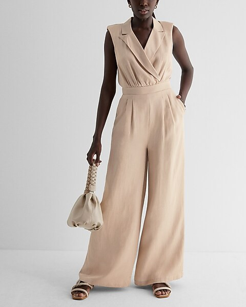 Linen-Blend Wide Leg Blazer Jumpsuit | Express