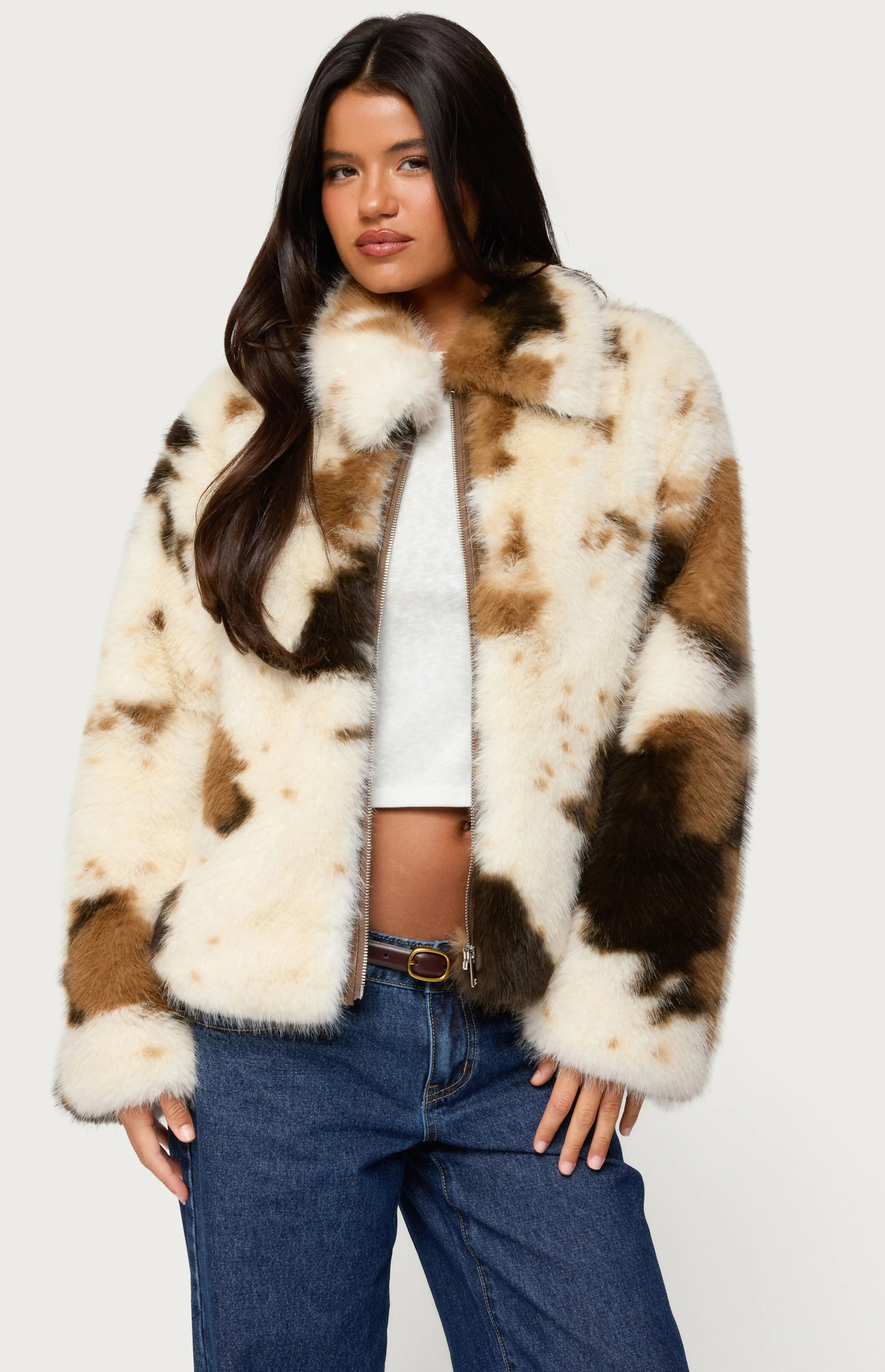 Edikted Rayan Cow Print Faux Fur Jacket | PacSun
