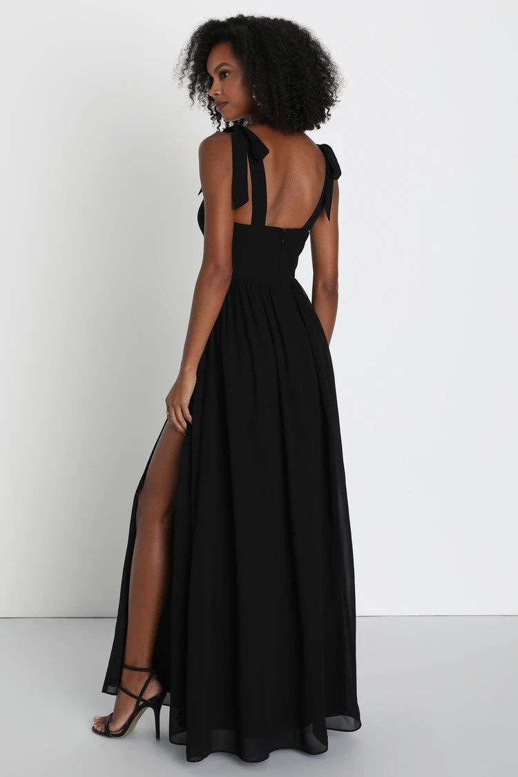 Radiant Charisma Black Chiffon Ruched Tie-Strap Maxi Dress | Lulus
