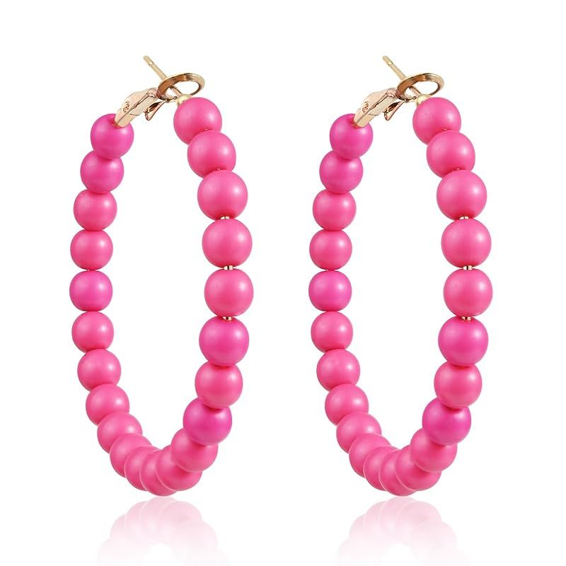 Beaded Hoop Earrings for Women Boho Circle Bead Earrings Fashion Earrings for Women Trendy (Pink) | Amazon (US)