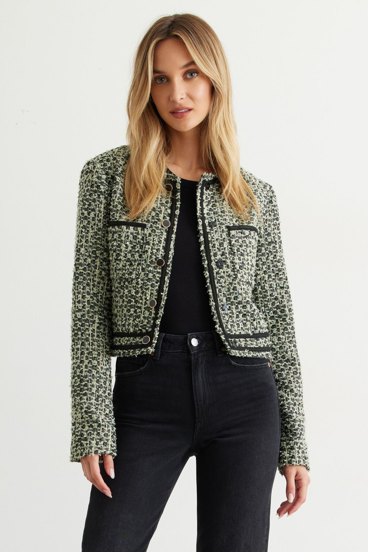 Cropped Tweed Blazer With Trims | Dynamite Clothing