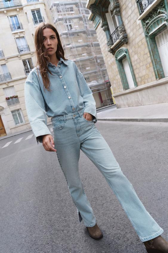 Zara - Z1975 Mid-Waist Straight Studded Jeans - Mid-Blue - 14 - Woman | Zara UK