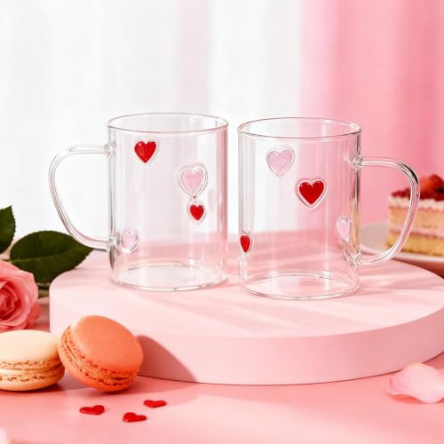 Beeveer 2 Pcs Valentines Day Coffee Mugs 15 oz Heart Mugs with Handle Cute Red Pink Heart Glasses Cups for Valentines Day Party Supplies Gifts | Amazon (US)