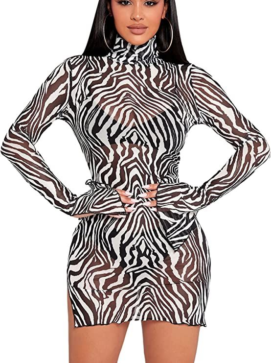 WDIRARA Women's Printed Drawstring Side Round Neck Marble Long Sleeve Bodycon Mini Dress | Amazon (US)