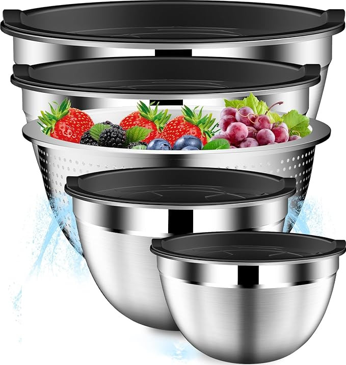 DUTZUN Mixing Bowls with Lids Set, Stainless Steel Mixing Bowls with Colander, Strainer with Mixi... | Amazon (US)