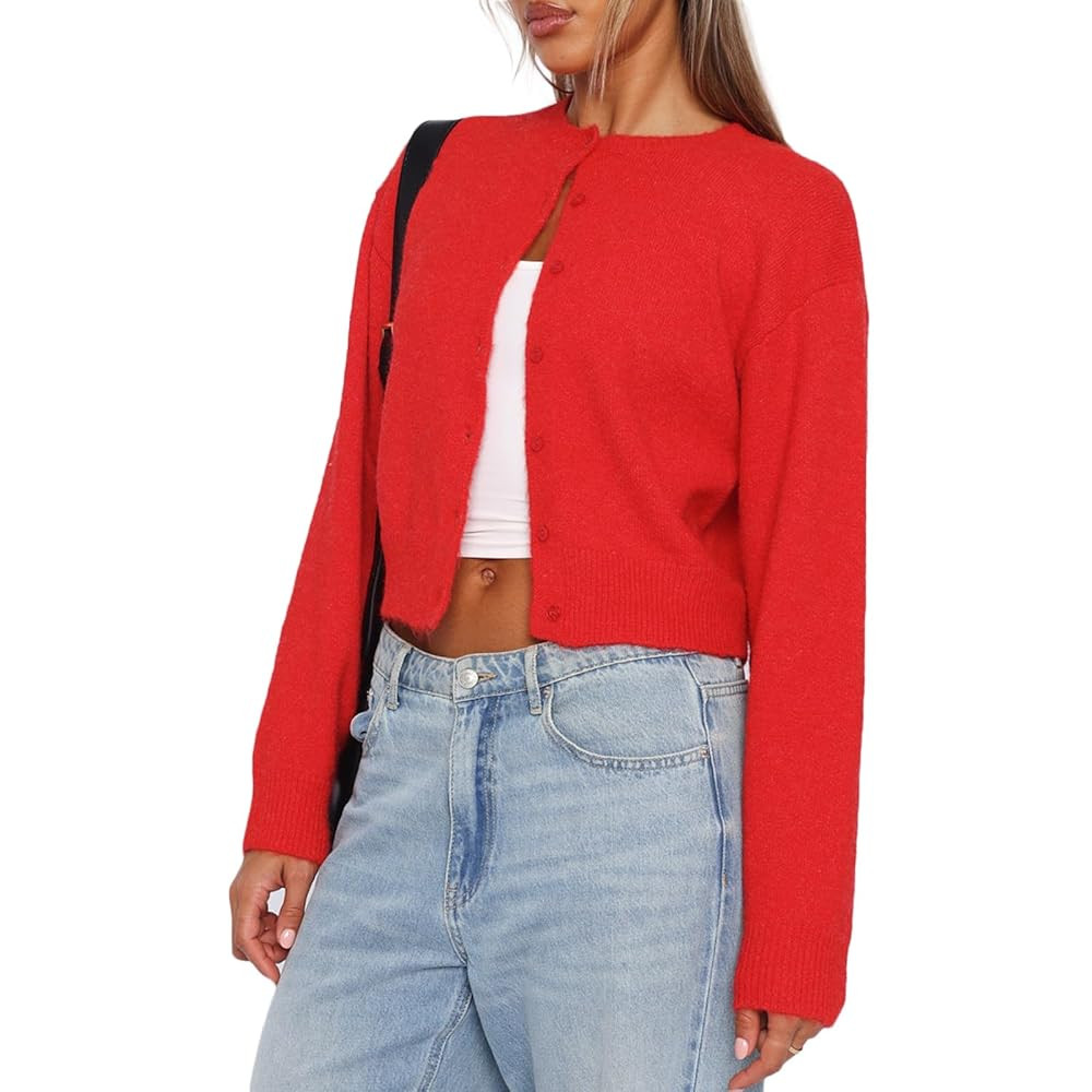 RUEWEY Cárdigan corto de manga larga con cuello redondo y botones para mujer, chaqueta ligera | Amazon (US)