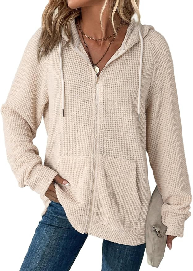 Dokotoo Women's Full Zip Up Hoodies Waffle Knit Long Sleeve Drawstring Casual Sweatshirt Hooded T... | Amazon (US)