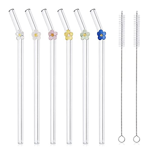 DUMING-IN 6 Pcs Reusable Glass Straws with 2 Cleaning Brushes, Cute Colorful Flower Glass Straws Shatter Resistant, Reusable Straws Dishwasher Safe for Smoothies, Milkshakes, Juices, Teas | Amazon (CA)