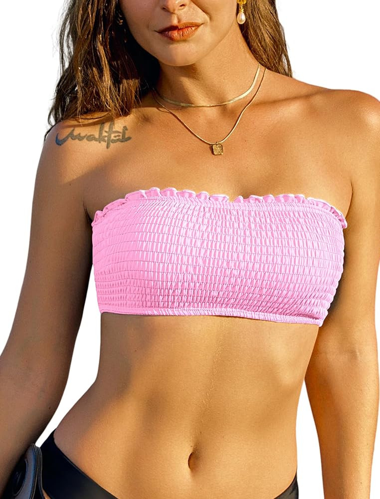 ZAFUL Women Strapless Bandeau Bikini Top Ruffle Lace up Swimsuit Solid Color Bathing Suits Tube T... | Amazon (US)