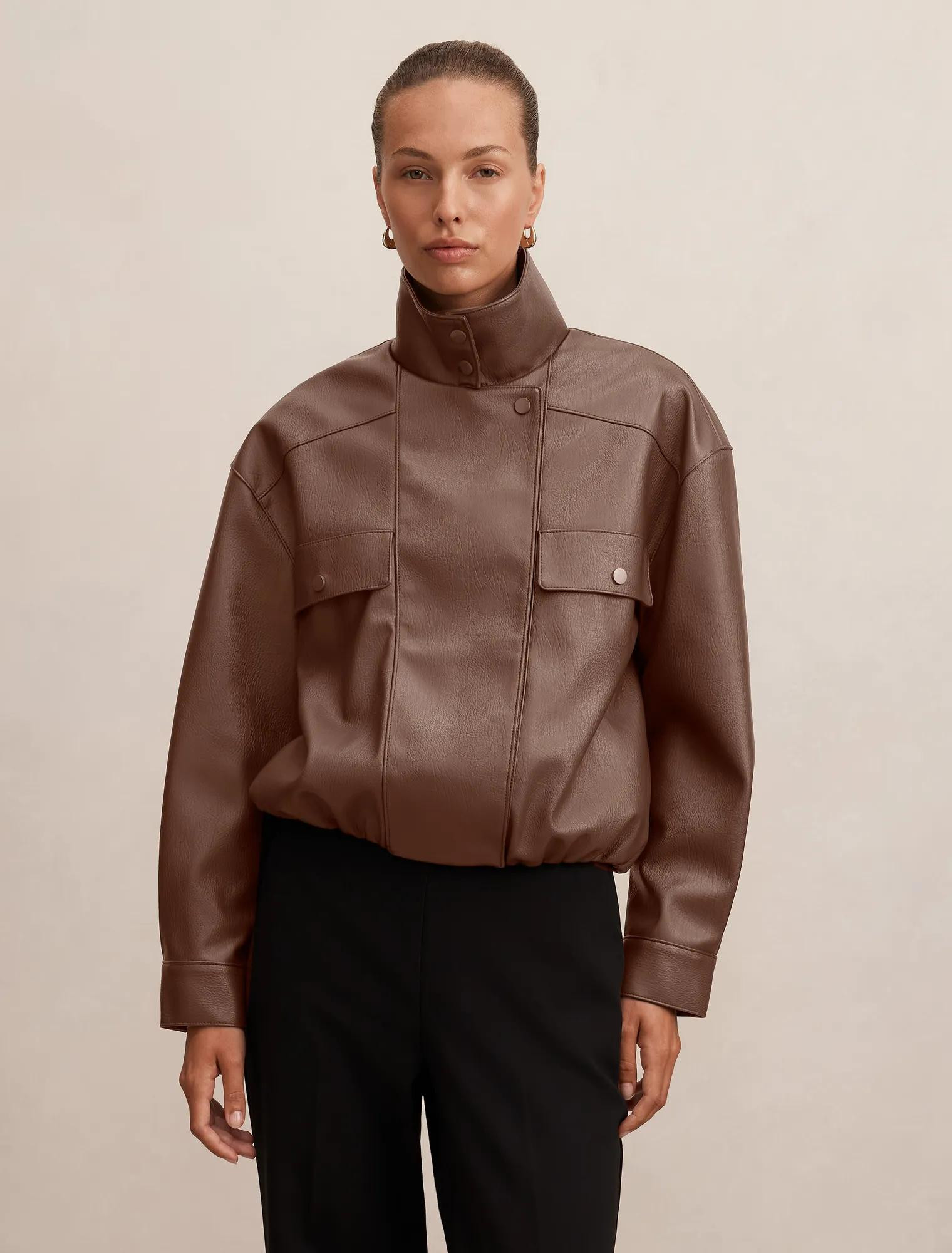 Forever New Women's Angela Funnel Neck PU Bomber Jacket in Brown | Forever New (AU)