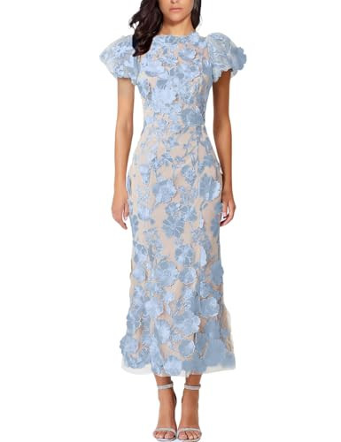 Women's 3D Floral Embroidery Dress Ruffle Sleeve Fishtail Lace Bodycon Party Cocktail Mixi Dress (US, Alpha, 3X-Large, Regular, Regular, Sky Blue) | Amazon (US)