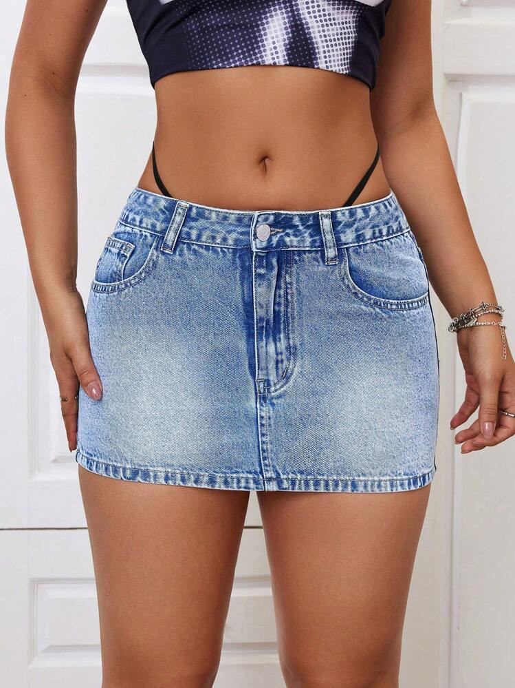 SHEIN ICON Women's Sexy Low Waist Washed Denim Mini Skirt | SHEIN