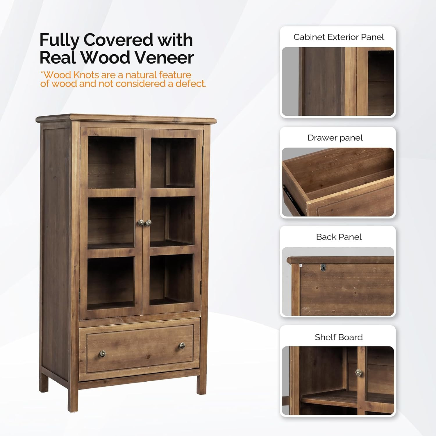 VINGLI Rustic Storage Cabinet with Glass Doors & Drawer, Solid Wood Leg, Walnut Finish Showcase | Amazon (US)