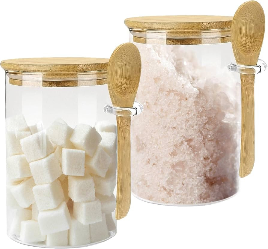 Glass Sugar Container with Spoon - 2 Pack 15oz Glass Jars with Bamboo Lid and Spoon, Bamboo Lid S... | Amazon (US)