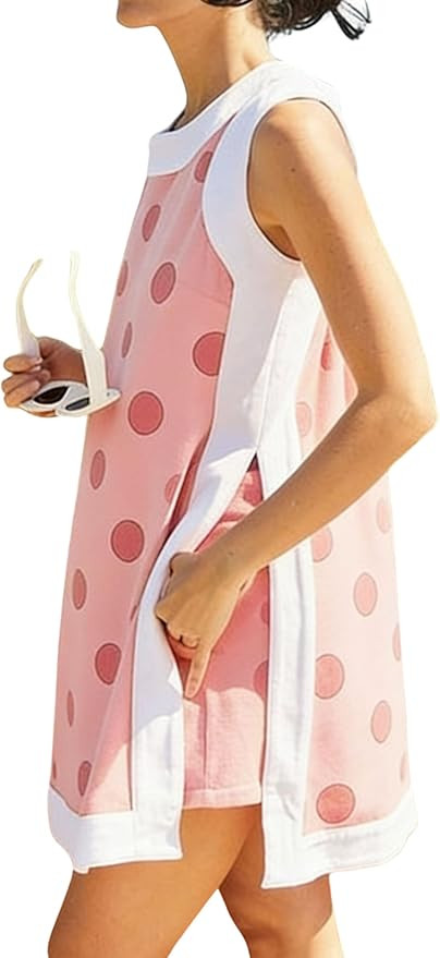 Hooever Womens Crew Neck Two Piece Short Sets Sleevelwss Polka Dot Tunic Dress Top with Shorts | Amazon (US)