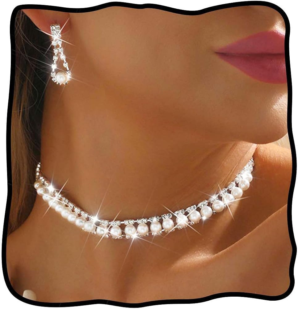 Nicute Pearl Rhinestone Necklace Set Silver Crystal Bridal Necklace Earrings Sparkly Wedding Chok... | Amazon (US)