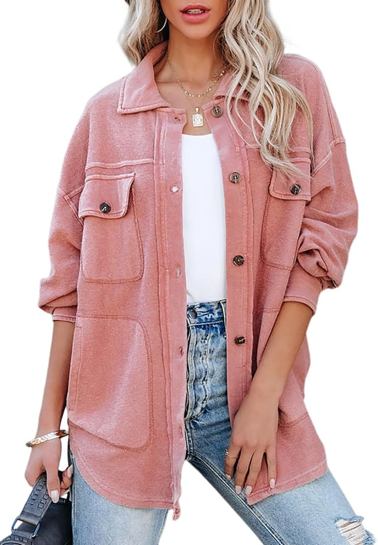 EVALESS Shacket Jacket Women Casual Long Sleeve Lapel Button Down Shirts Fall 2023 Lightweight So... | Amazon (US)