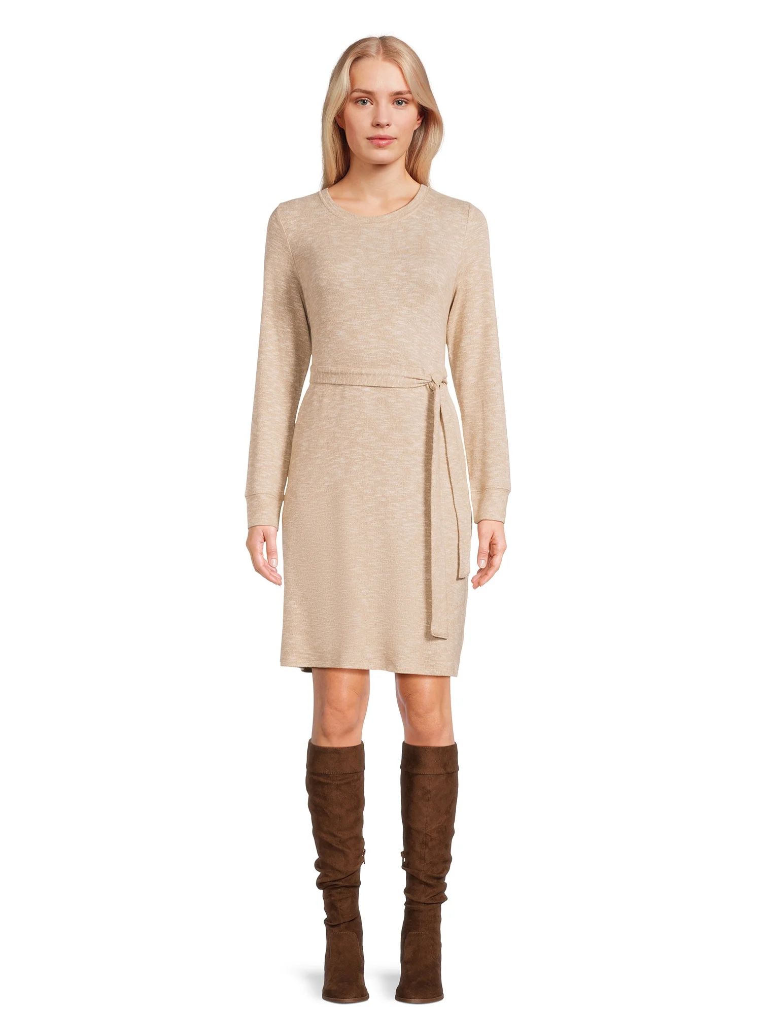 Time and Tru Women's Long Sleeve Belted Hacci Dress, Sizes XS-XXXL | Walmart (US)