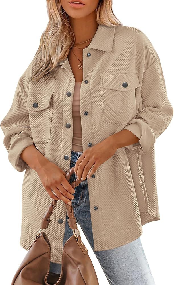 PRETTYGARDEN Women's 2024 Button Down Shacket Jackets Fall Clothes Collared Long Sleeve Textured ... | Amazon (US)