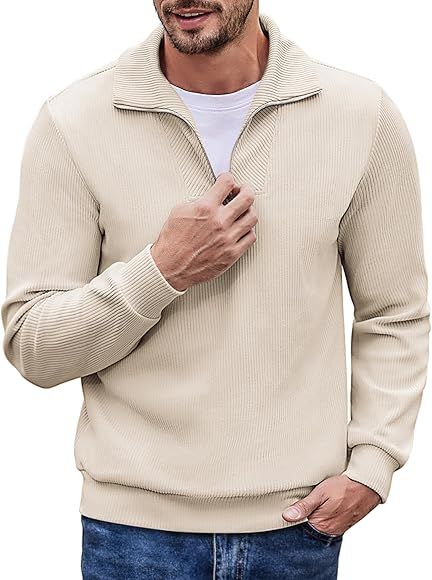 COOFANDY Men's Quarter Zip Up Pullover Slim Fit Mock Neck Long Sleeve Sweaters Casual Corduroy Po... | Amazon (US)