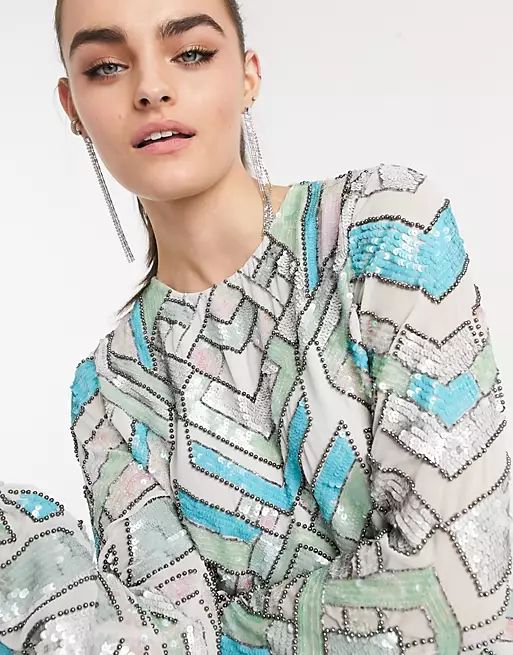 ASOS DESIGN aztec-style multi-colored embellished long sleeve top two-piece | ASOS (Global)