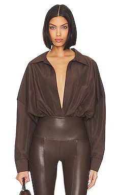 Norma Kamali Oversized Boyfriend Shirt Bodysuit in Chocolate from Revolve.com | Revolve Clothing (Global)