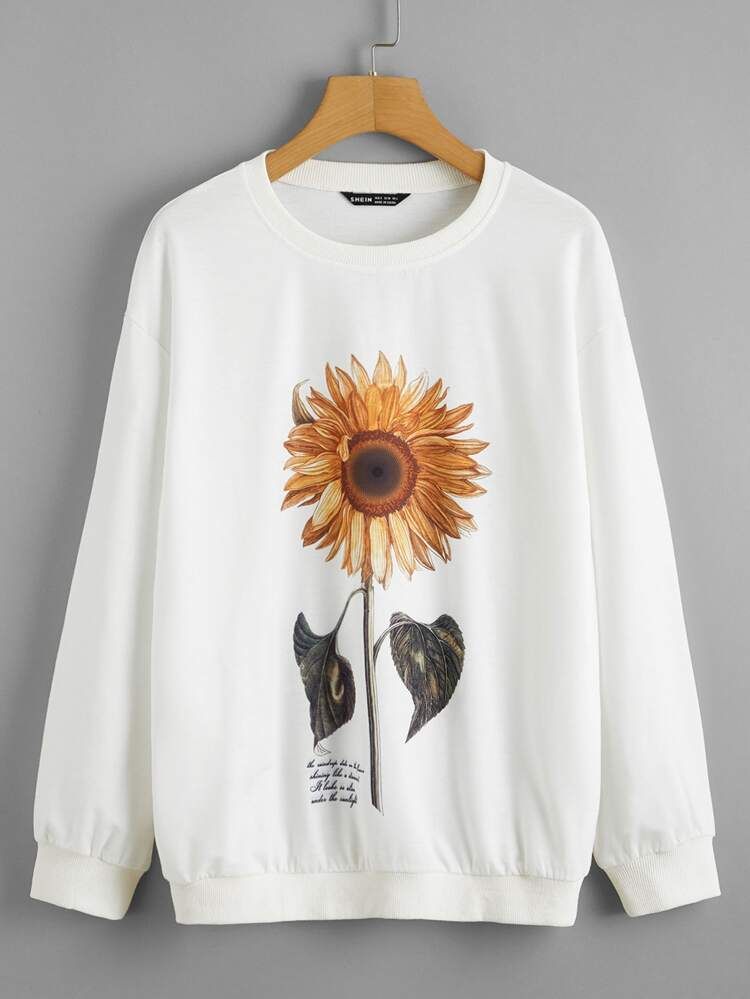 SHEIN Drop Shoulder Sunflower & Slogan Graphic Pullover | SHEIN