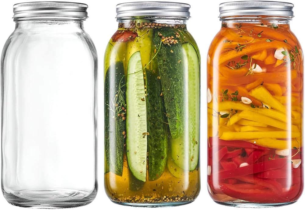 [3 Count 64 oz. Wide-Mouth Glass Mason Jars with Metal Airtight Lids and Bands 2 Quart Large For ... | Amazon (US)