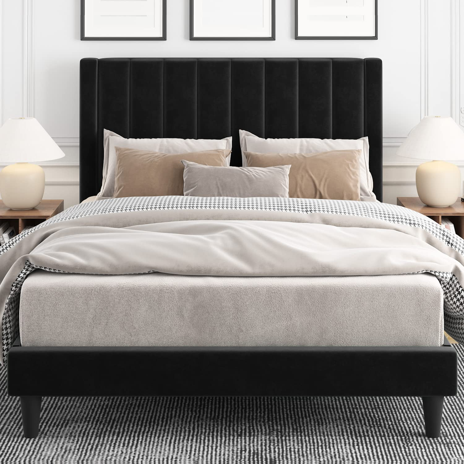IMUsee Queen Size Velvet Upholstered Tufted Platform Bed Frame with headboard, Strong Wooden Slats, Box Spring Optional, Mattress Foundation, Easy Assembly, Black | Amazon (US)