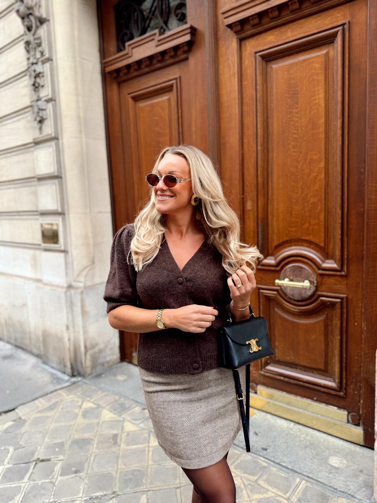 Autumn outfit idea, high street finds, neutrals, chocolate brown, puff sleeve cardigan, mini skirt, brown suede knee high boots, Celine sunglasses  

 #LTKuk #LTKautumn #LTKstyletip