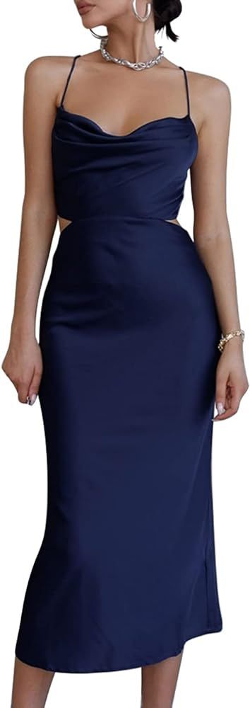 LYANER Women's Satin Cowl Neck Straps Slip Sexy Cut Out Cocktail Midi Dress | Amazon (US)