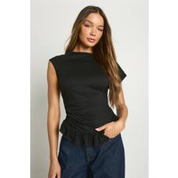 boohoo Women's Peached Jersey Wide Neck Frill Hem Top in Black | Size: 2 | Denim | boohoo (US & Canada)