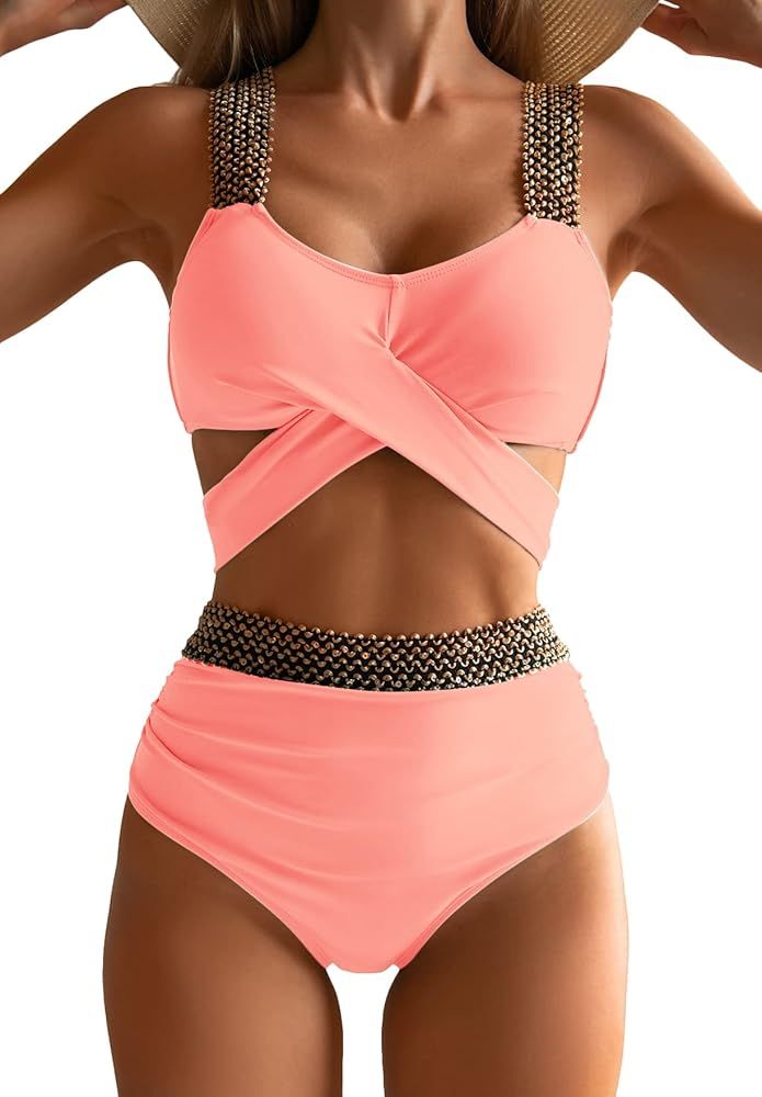 Eomenie Women's Two Piece Crisscross Swimsuits Tummy Control Bathing Suit High Waist Wrap Bikini ... | Amazon (US)