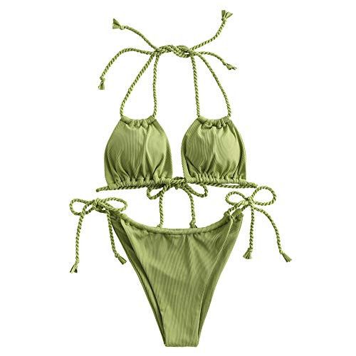 ZAFUL Ribbed Sexy Halter Bikini for Women Multi Way Bikini Sets Tie Side High Cut Two Piece Swimsuit Green S | Amazon (US)