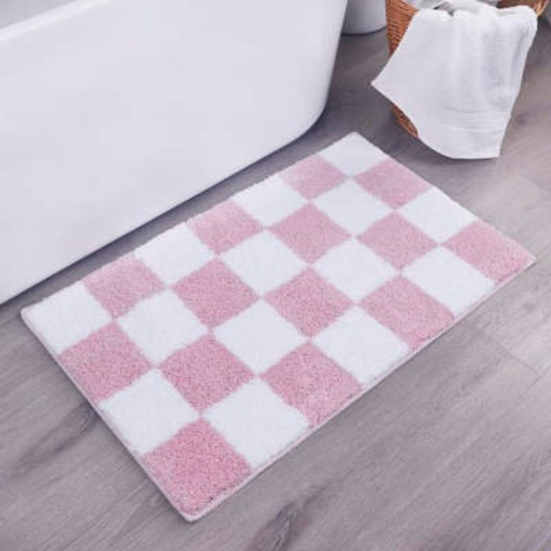 Modminzen Checkered Pink & White Bath Mat Non Slip, Tufted, Microfiber, Ultra Absorbent, Fade Res... | Etsy (US)