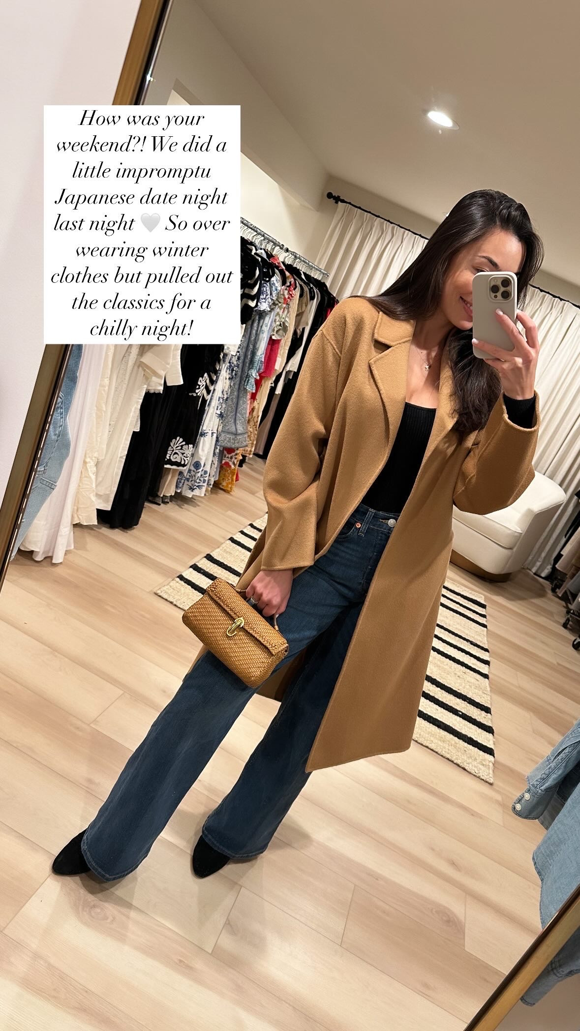 Date night outfit, winter outfit, camel coat, denim jeans, Savette, closet. 

#LTKSeasonal #LTKHome #LTKShoeCrush
