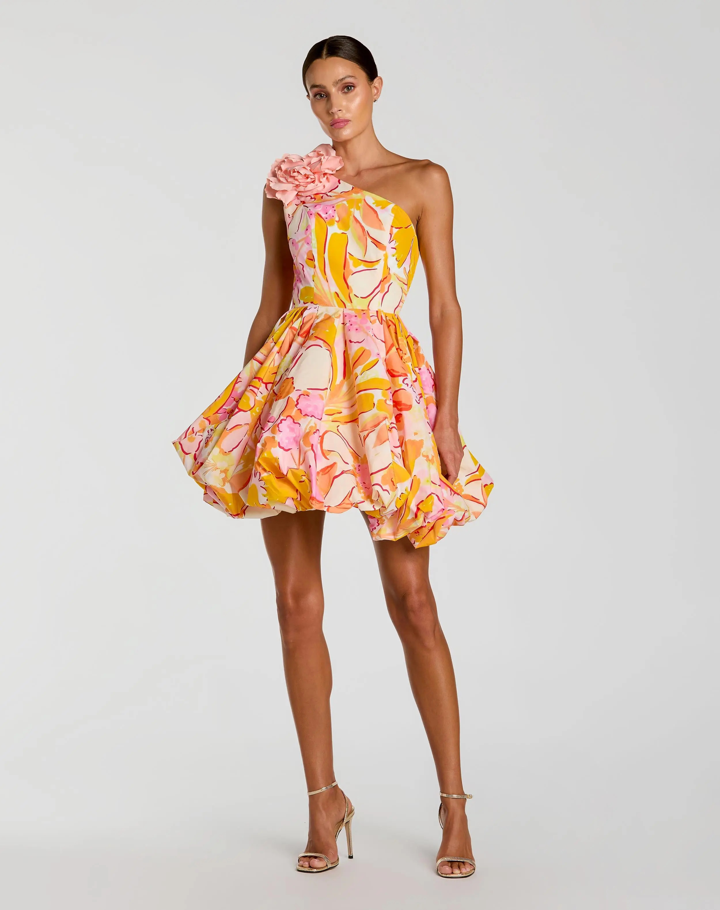 Multicolor One Shoulder Bubble Hem Faille Mini Dress | Mac Duggal | Mac Duggal