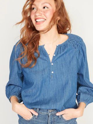 Smocked-Yoke Button-Front Jean Blouse for Women | Old Navy (US)