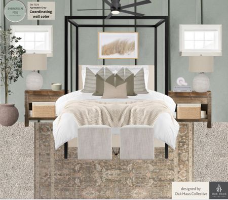 Master Bedroom with SW Evergreen Fog accent wall! 

Pottery Barn Canopy Bed 
Etsy pillow combos 
Ottomans in front of bed 
Ceiling Fan 
Bedroom Lamps
Bedroom art 
Art behind bed 
Bedroom Faux Tree 
Bedroom Rug 
Throw blanket 
Pottery Barn Nightstands 

#LTKhome #LTKfamily #LTKstyletip