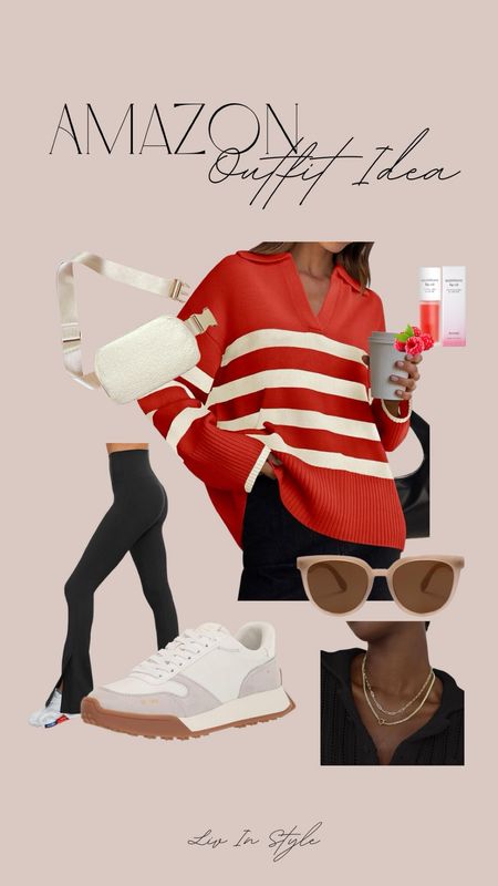 Casual outfit idea from Amazon! Red sweater, flare leggings, white sneakers, gold jewelry, belt bag 

#LTKfindsunder50 #LTKstyletip #LTKSeasonal