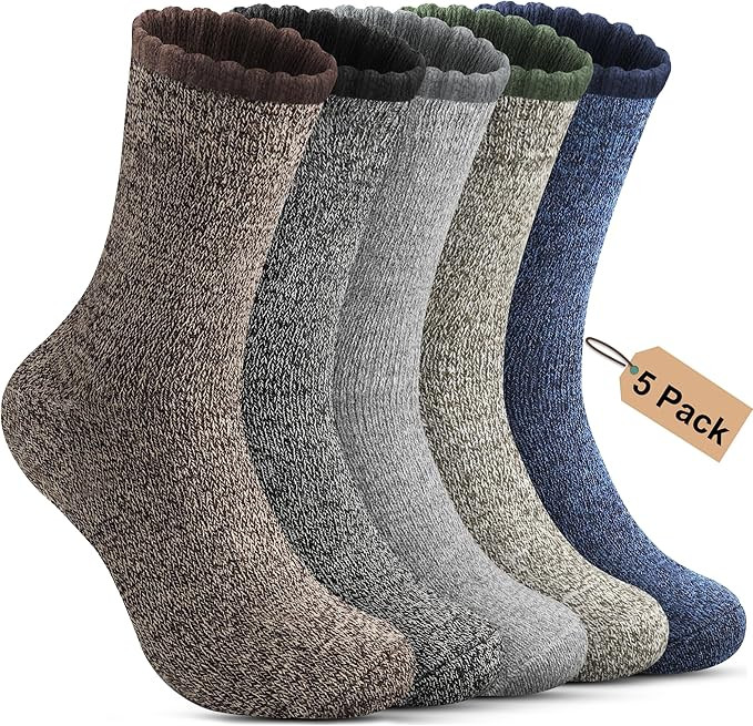 5 Pack Merino Wool Socks - Men's Winter Warm Thermal Hiking Socks for Camping and Cozy Wear | Amazon (US)