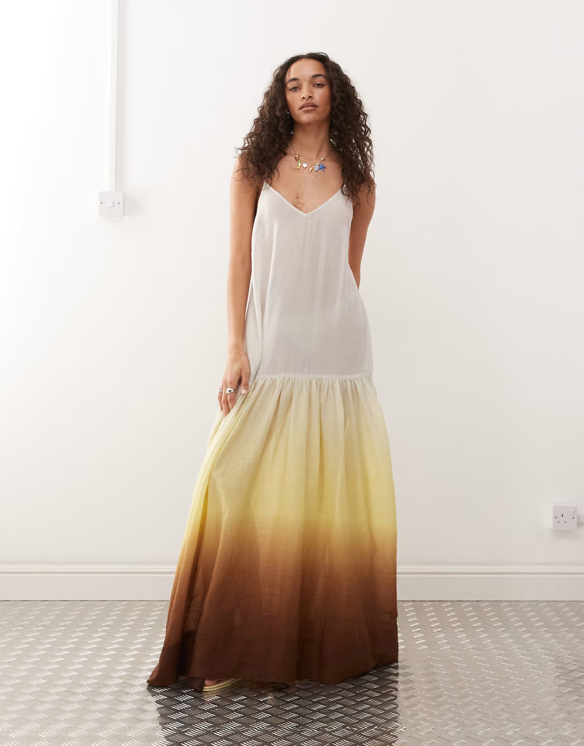 Monki crinkled tiered floaty maxi dress with low tie back detail in brown gradient print | ASOS (Global)