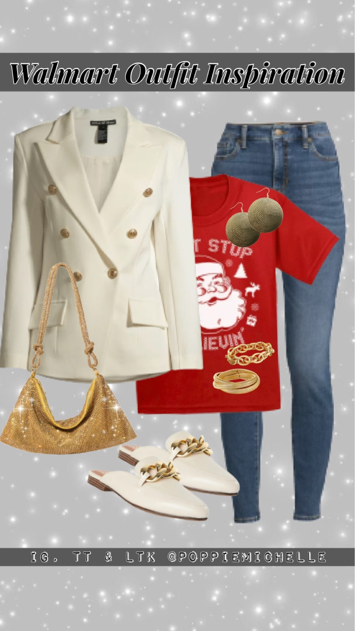 Walmart fashion Walmart style Walmart outfit Walmart blazer Walmart ivory blazer Walmart white blazer Walmart antique blazer Walmart antique white gold button blazer attitude unknown blazer red Santa Claus T-shirt dark wash denim skinny jeans dark wash Highway 16 ivory mules bone colored ivory mules bone colored chain mule shoes PoppieMichelle holiday handbag gold glitter clutch purse gold rhinestone party purse gold rhinestone handbag girls night out purse PoppieMichelle 

#LTKcurves #LTKfit #LTKitbag